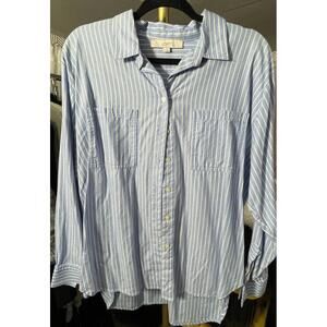 LOFT 100% Cotton Long Sleeve Collared Button Down Blue and White Striped Sz L
